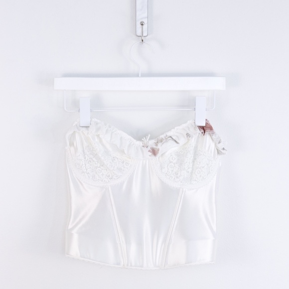 Reworked Victorian Style Ivory Satin Corset Top W/  Ruffles on Bust - S/M - Picture 3 of 15